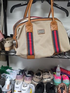 Michael Kors Beige Canvas Satchel with Tan Leather and Red-Blue Stripes